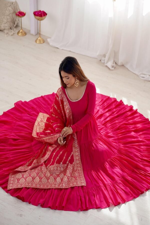 NKB-47PINK_3.jpg Elegant Roman Silk Chanderi Anarkali Suit Set with Banarasi Jacquard Dupatta