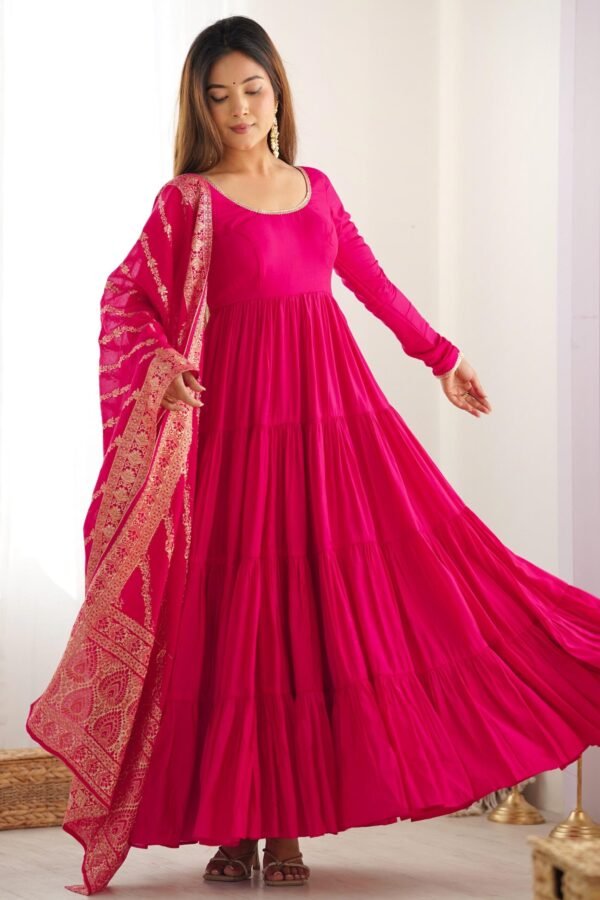 NKB-47PINK_4.jpg Elegant Roman Silk Chanderi Anarkali Suit Set with Banarasi Jacquard Dupatta