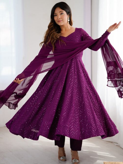 NKB-55WINE_6.jpg Wine Color Lucknowi Work Anarkali Suit