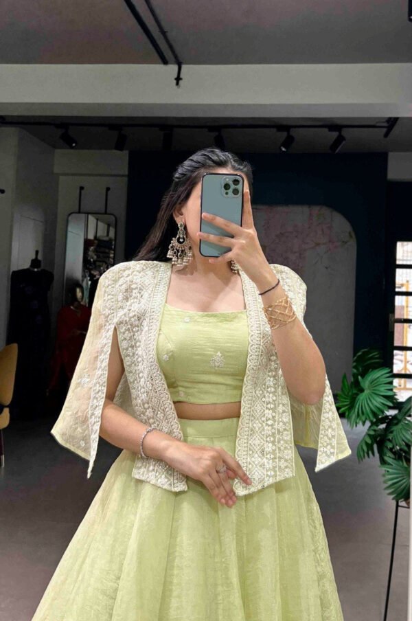 NNK1119_1.jpg Premium Melon Green Allnen Crush Lehenga Set with 5 Meter Flair