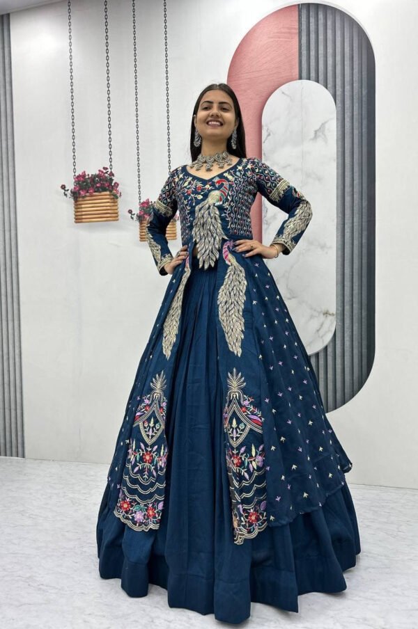 Pc-528_10.jpg Indigo Color Crop Top Lehenga with Embroidered Shrug