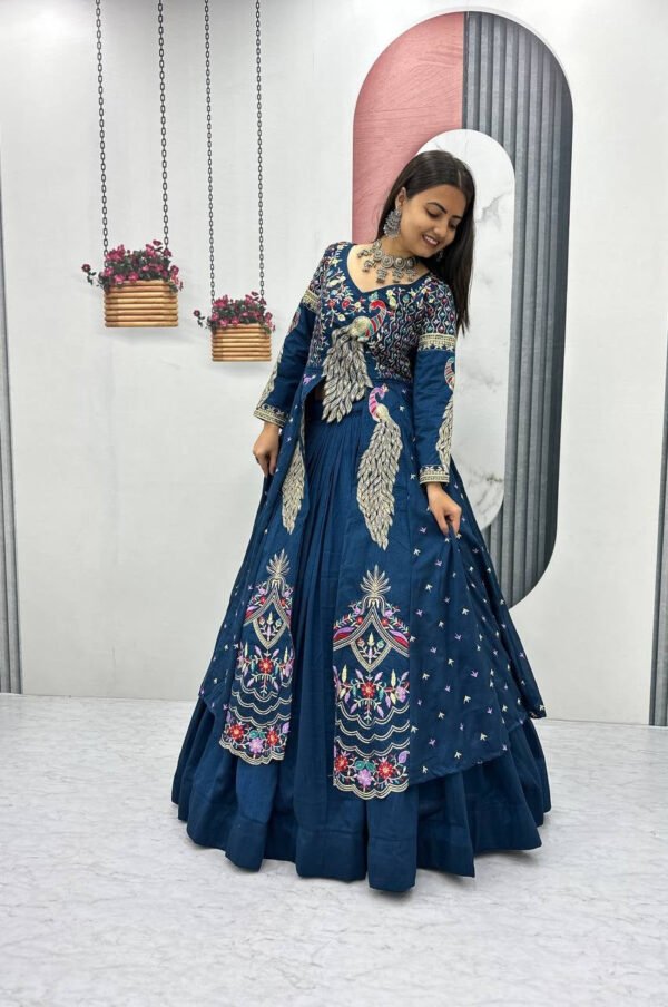 Pc-528_11.jpg Indigo Color Crop Top Lehenga with Embroidered Shrug