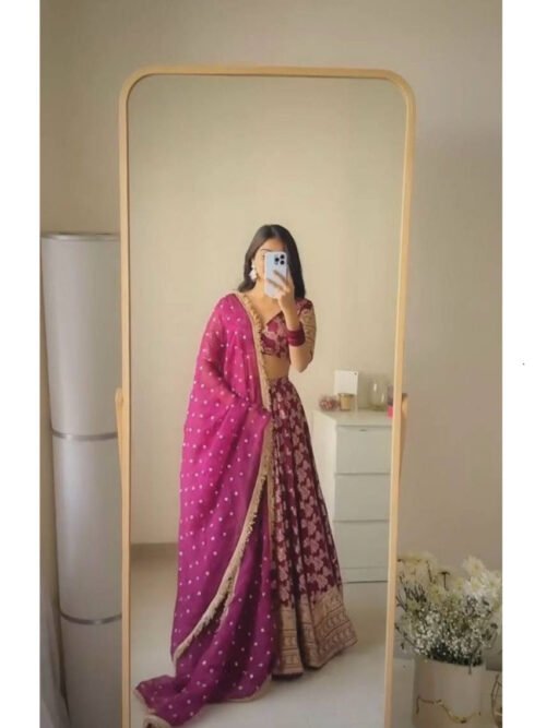 QRC-335_1.jpg Wine Elegant Jacquard Thread & Sequin Work Lehenga Set with Dupatta