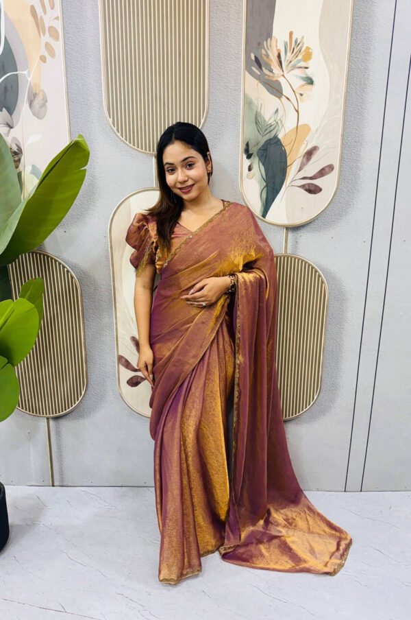 SG-239_11.jpg Copper Color Space Silk Gown Saree with Beads Lace & Dupatta