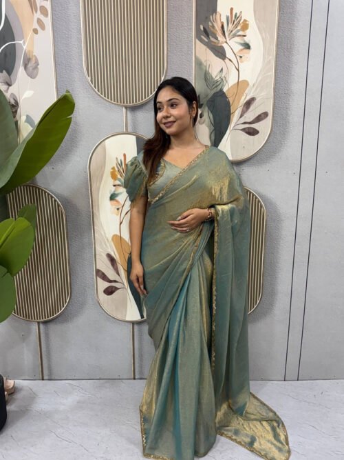 SG-239_16.jpg Dusty Olive Space Silk Gown Saree with Beads Lace & Dupatta