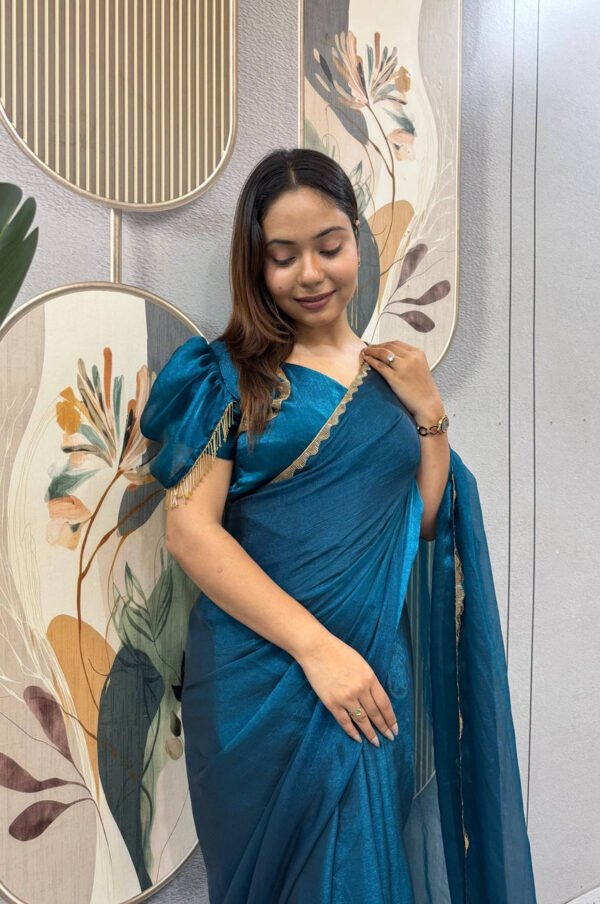 SG-239_7.jpg Regal Blue Space Silk Gown Saree with Beads Lace & Dupatta