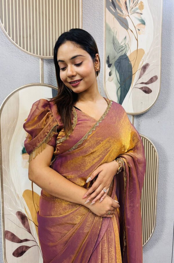 SG-239_9.jpg Copper Color Space Silk Gown Saree with Beads Lace & Dupatta