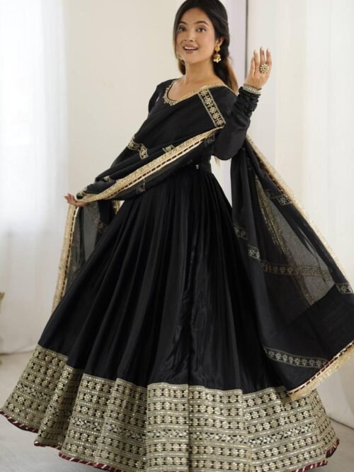 SP-27black_1.jpg Black Bollywood Style Anarkali Suit with Chinon Silk & Sequin Work