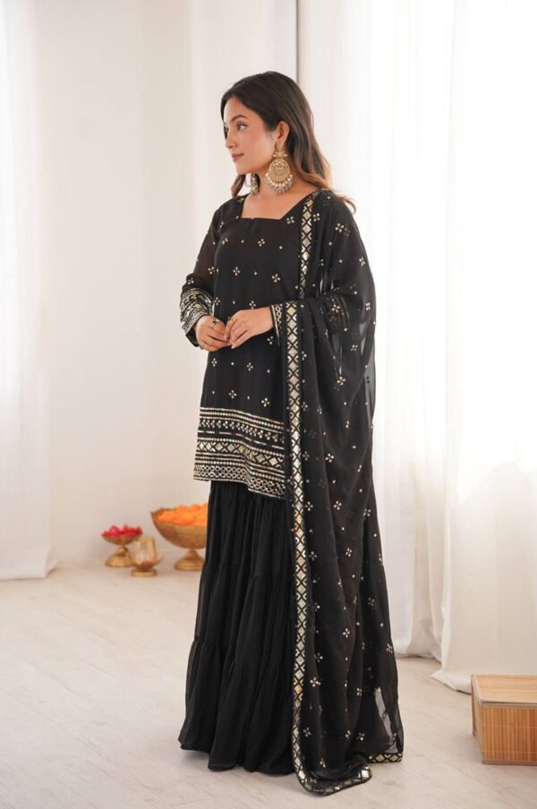 SRK-5317BLACK_1.jpg Black Sequin Work Ruffle Sharara Suit Set