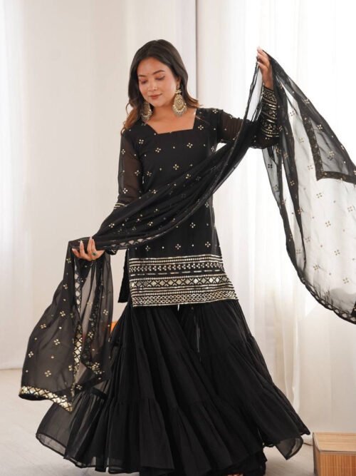 SRK-5317BLACK_6.jpg Black Sequin Work Ruffle Sharara Suit Set