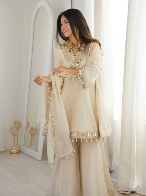 SRK-5339_2.jpg Ivory Tebby Organza Silk Sharara Suit with Real Mirror Lace Work
