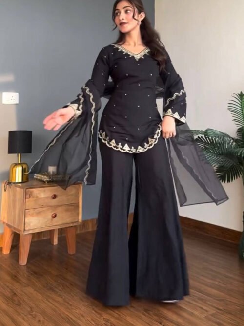 ST-1160_4.jpg Black Roman Silk Palazzo Suit