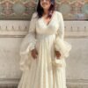Luxurious White Georgette Anarkali Suit Set with Lakhnawi Work