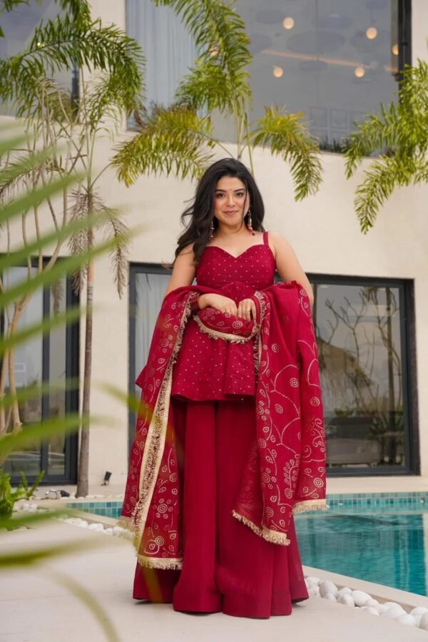 suratikart_4_7cff0f89-9aad-4d99-acb6-1b6e58cfcafa.jpg Cherry Red Tabby Organza Mukesh Work Palazzo Suit