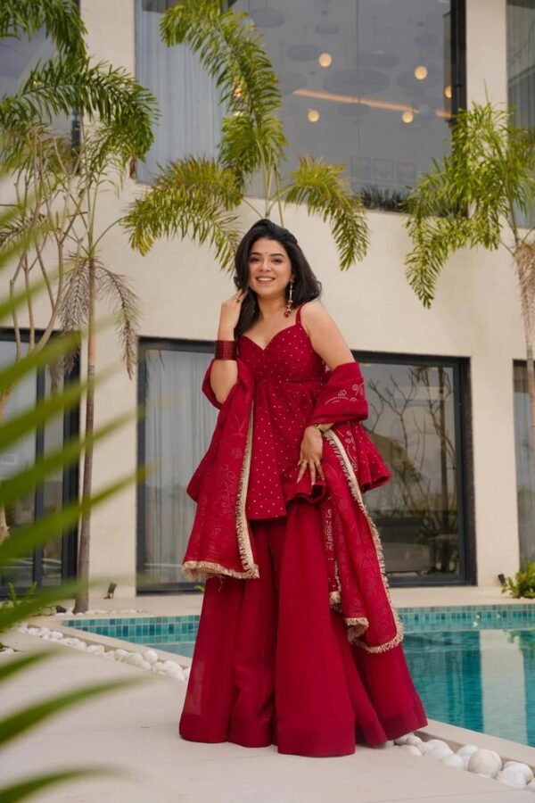 suratikart_6.jpg Cherry Red Tabby Organza Mukesh Work Palazzo Suit