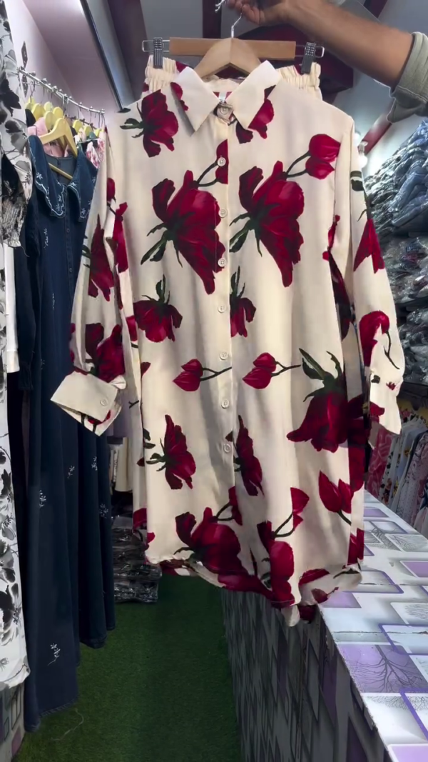 Women Cream Base Red Rose Floral Printed Long Shirt