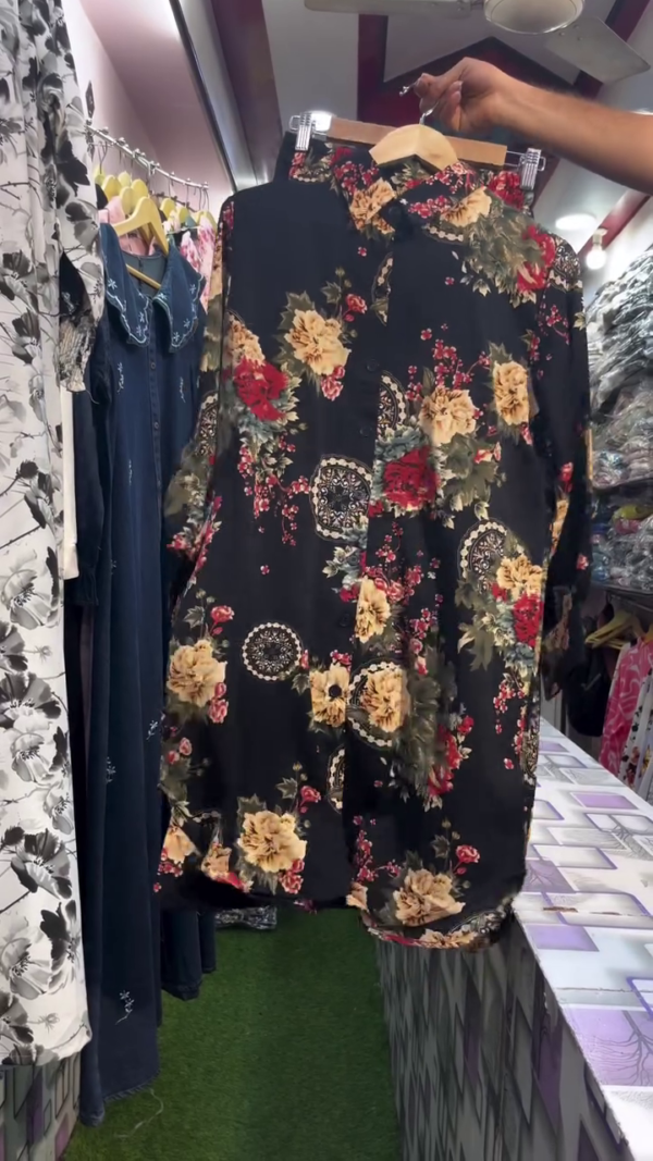 Women Cream Base Red Rose Floral Printed Long Shirt
