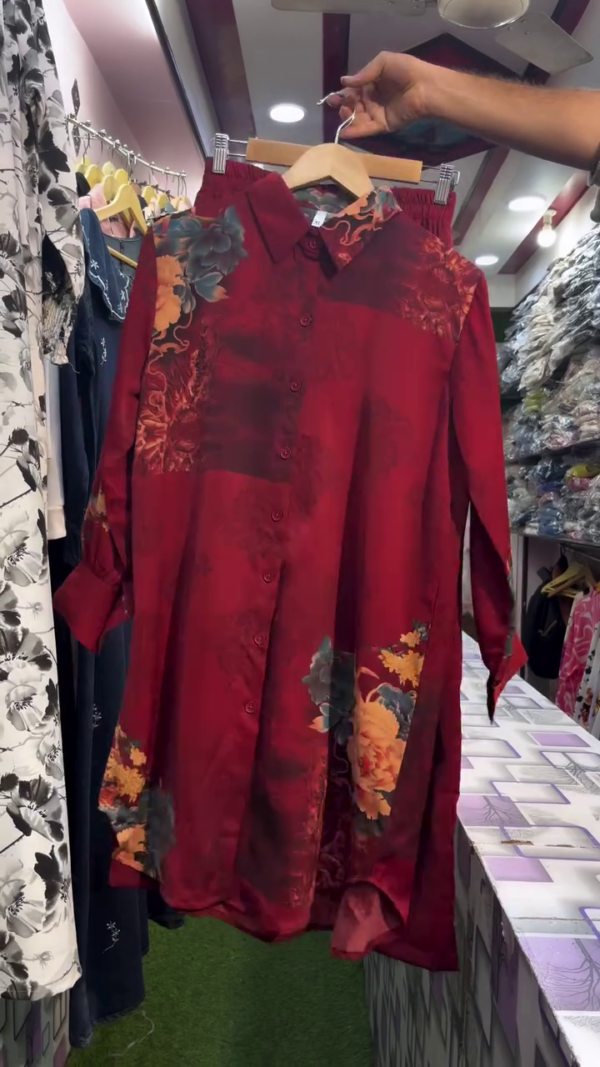 Women Cream Base Red Rose Floral Printed Long Shirt